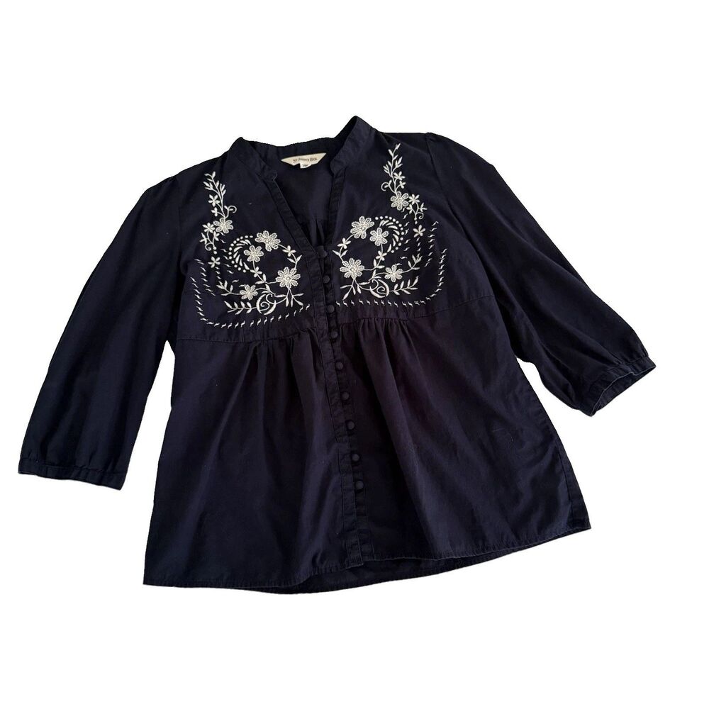 St John's Bay Women's Top L Dk Blue Boho Embroidered Cotton Button Down Peasant